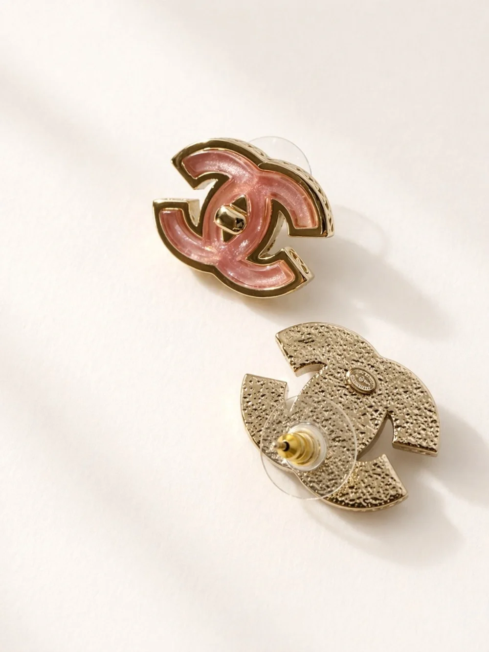 Chanel Pink And Gold Enamel CC Earrings